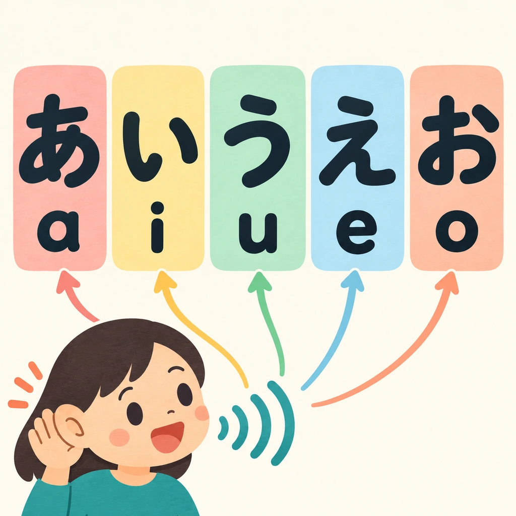 「あいうえお」 are the five vowels. When you listen to the audio later, try matching each character to its sound.