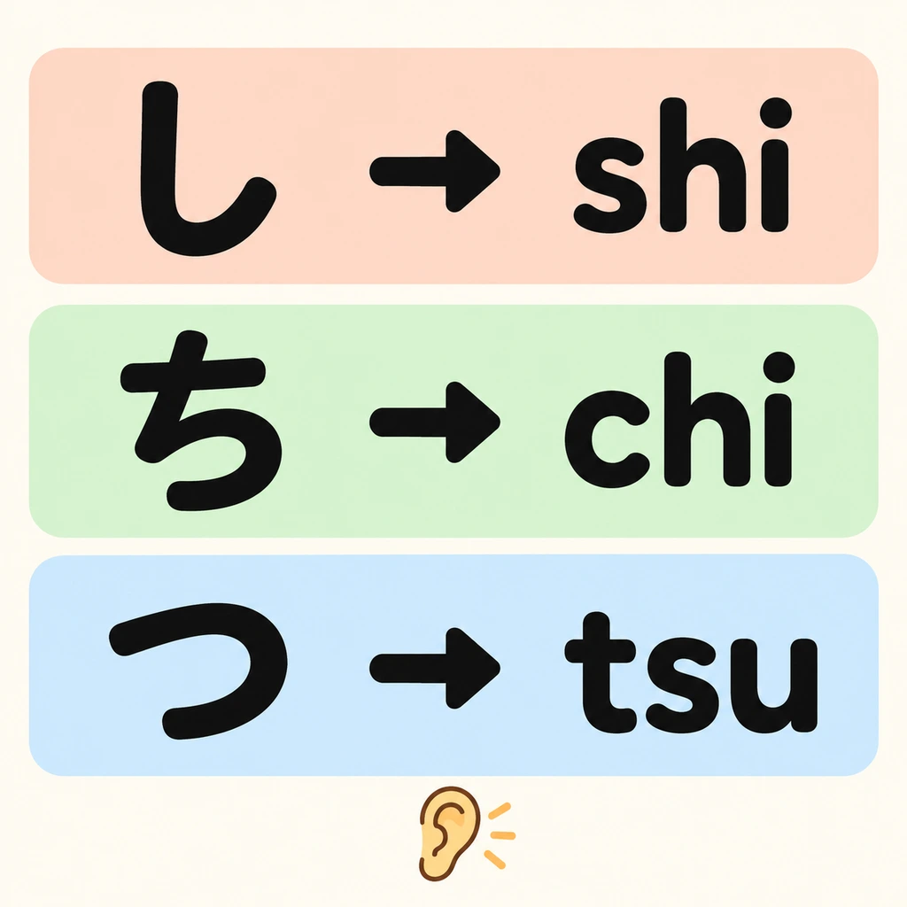 Pay attention to the pronunciation of 「し・ち・つ」. Check their romaji carefully, then listen and imitate them later.