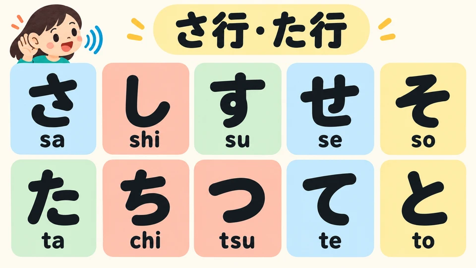「さしすせそ」 and 「たちつてと」 each form a row. The audio later will demonstrate them row by row.