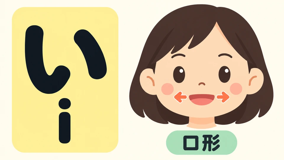 For 「い」, gently spread the corners of your mouth sideways. When listening later, imitate the natural Japanese mouth shape.
