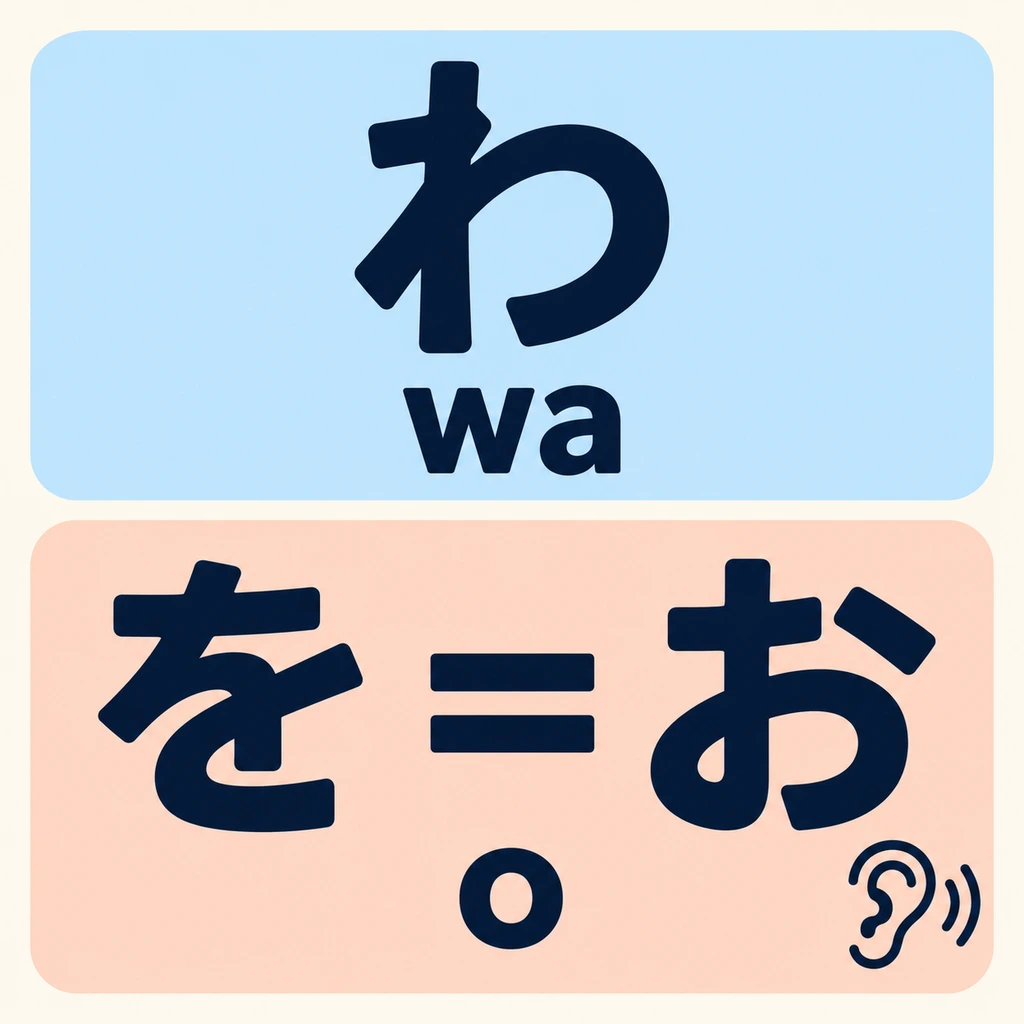 Achte auf を: Es sieht anders aus als お, doch beide werden normalerweise o gesprochen. Auch bei der Romaji-Schreibung wo sprichst du es nicht wo.