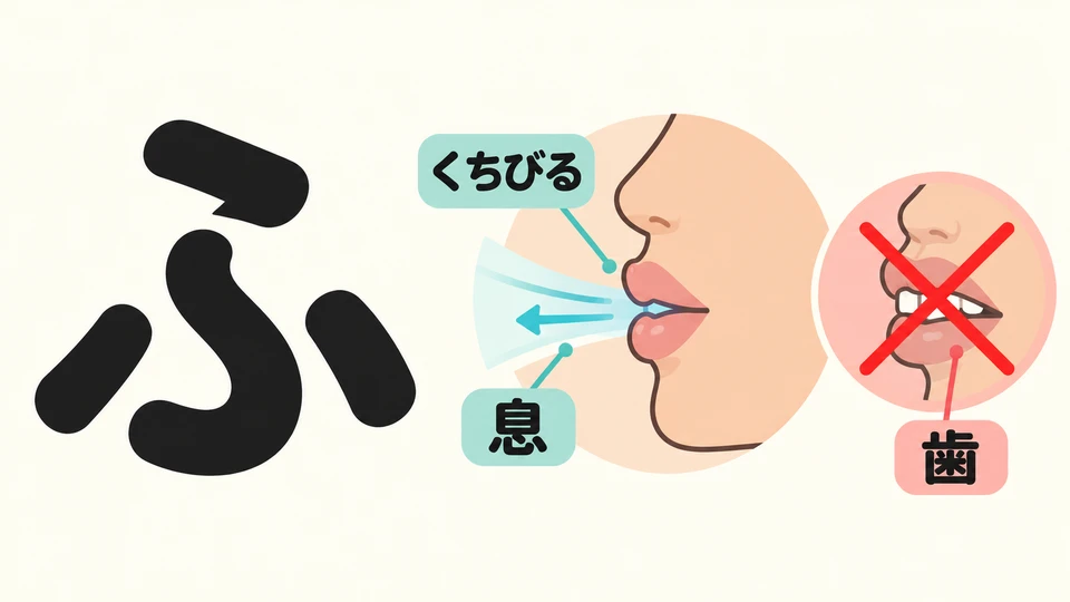 Sprich ふ: Bring die Lippen locker nahe zusammen und blase sanft Luft aus. Die oberen Zähne berühren die Unterlippe dabei nicht.