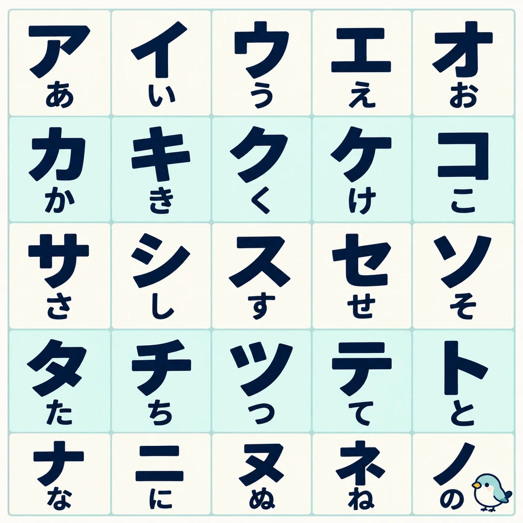 Katakana und Hiragana sehen unterschiedlich aus, haben aber dieselben Laute. Schau auf die Hiragana darunter und lies die Tabelle Zeile für Zeile.
