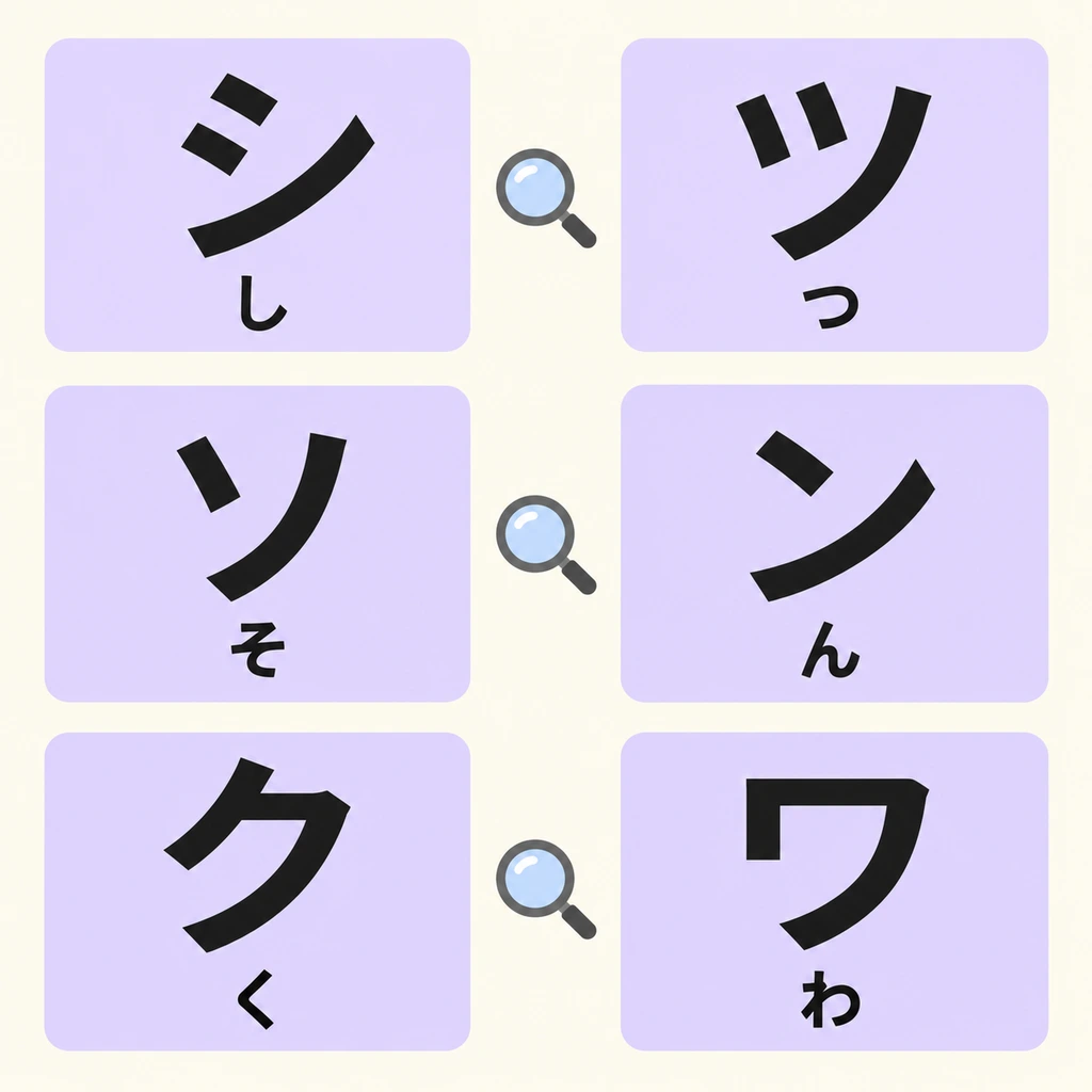 Katakana sind oft kantig. Die drei Zeichenpaare im Bild sehen ähnlich aus, klingen aber unterschiedlich. Schau dir zuerst die Unterschiede an.