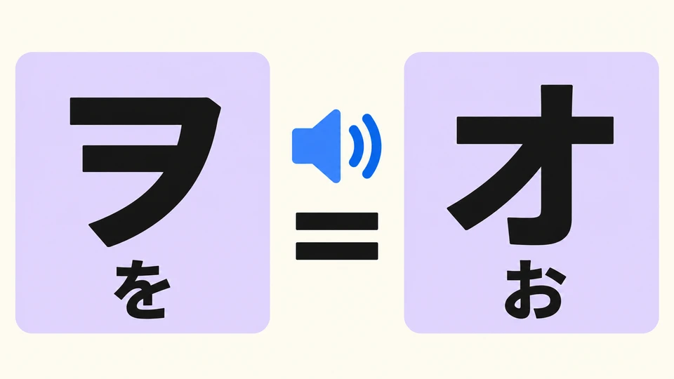 ヲ in der Tabelle entspricht を. Im heutigen Japanisch wird es meist wie オ gesprochen. Verschiedene Formen können denselben Laut haben.