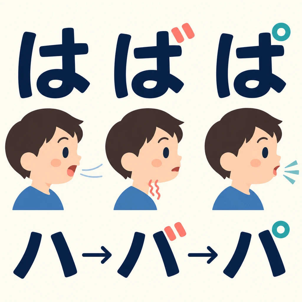 Schau oben rechts: Zwei Striche machen は zu ば, ein kleiner Kreis macht は zu ぱ. Auch die Laute unterscheiden sich.
