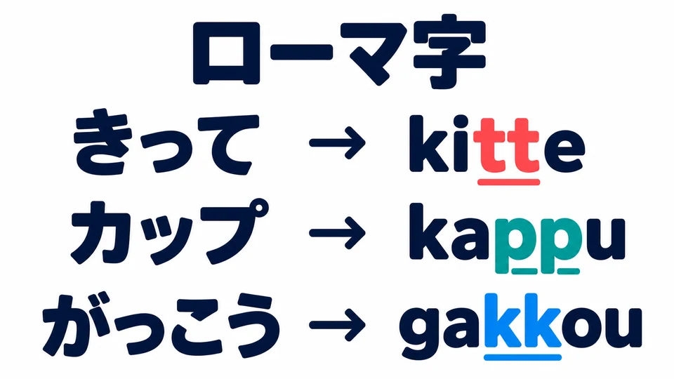 로마자는 촉음 뒤의 자음을 겹쳐 쓰는 경우가 많아요. きって는 kitte, カップ는 kappu, がっこう는 gakkou예요.