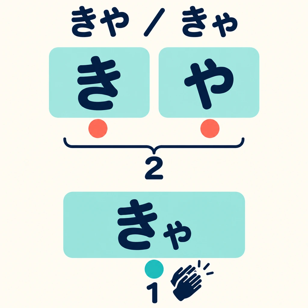 Klatsche zu den Punkten: 「きや」 mit großem 「や」 dauert zwei Takteinheiten; 「きゃ」 mit kleinem 「ゃ」 dauert eine.