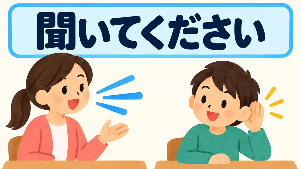 「聞いてください」 heißt „Hör bitte zu“. Achte auf die Stimme der Lehrkraft oder die Aufnahme und höre dir das Beispiel genau an.
