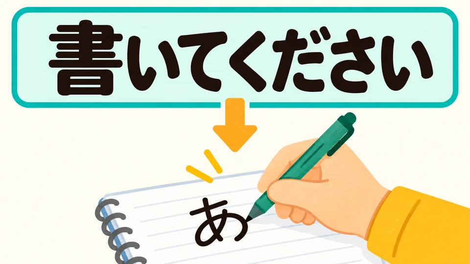 「書いてください」 heißt „Schreib bitte“. Nimm Stift und Heft heraus und schreibe den vorgegebenen Inhalt auf.