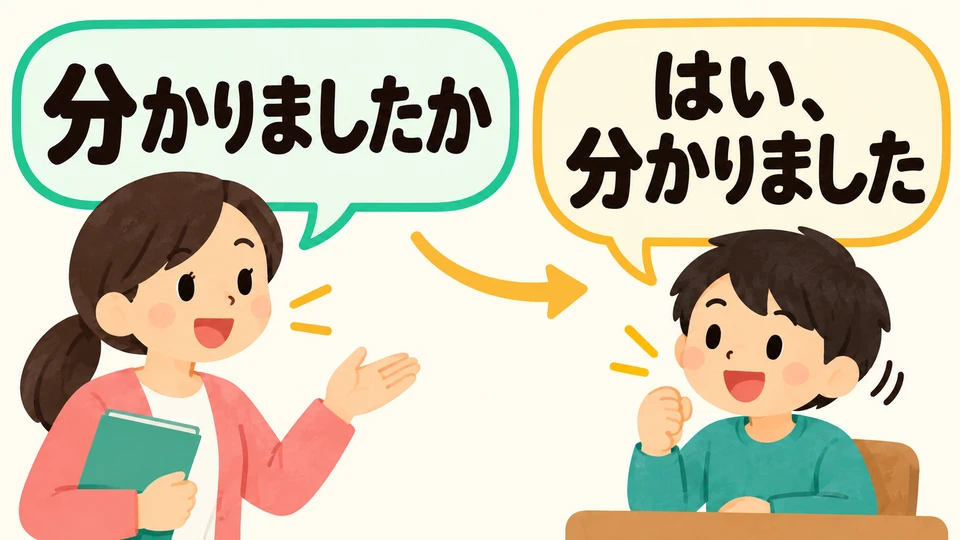 Mit 「分かりましたか」 prüft die Lehrkraft, ob du verstanden hast. Wenn ja, antworte 「はい、分かりました」.