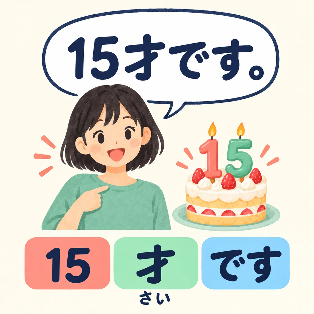 The 15 on the cake shows her age. Add 「才です」 after a number to say how old someone is.