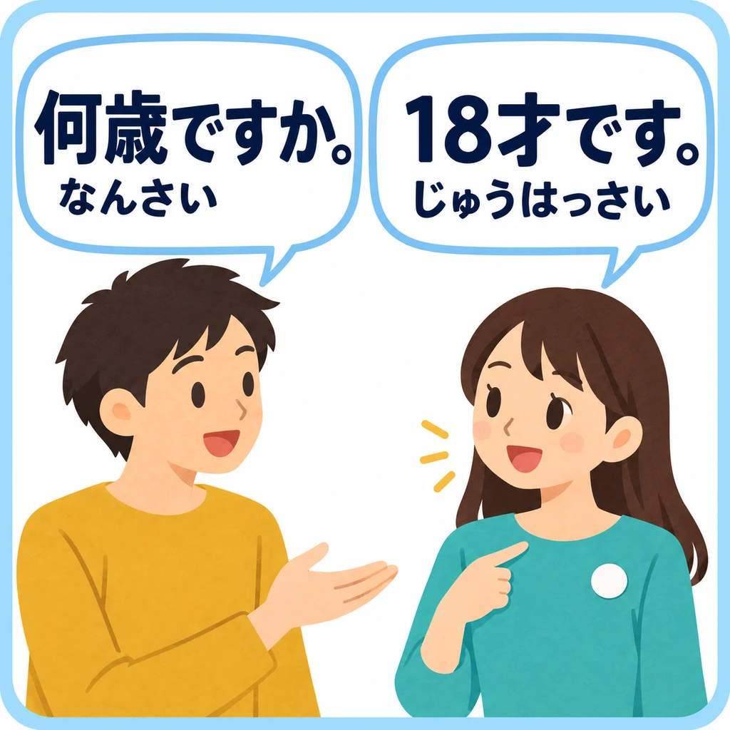 To ask someone’s age, use 「何歳ですか」. Remember that 「何歳」 is read 「なんさい」.