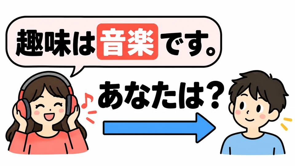 After introducing your hobby, add 「あなたは?」, meaning “And you?”, to invite the other person to share theirs.