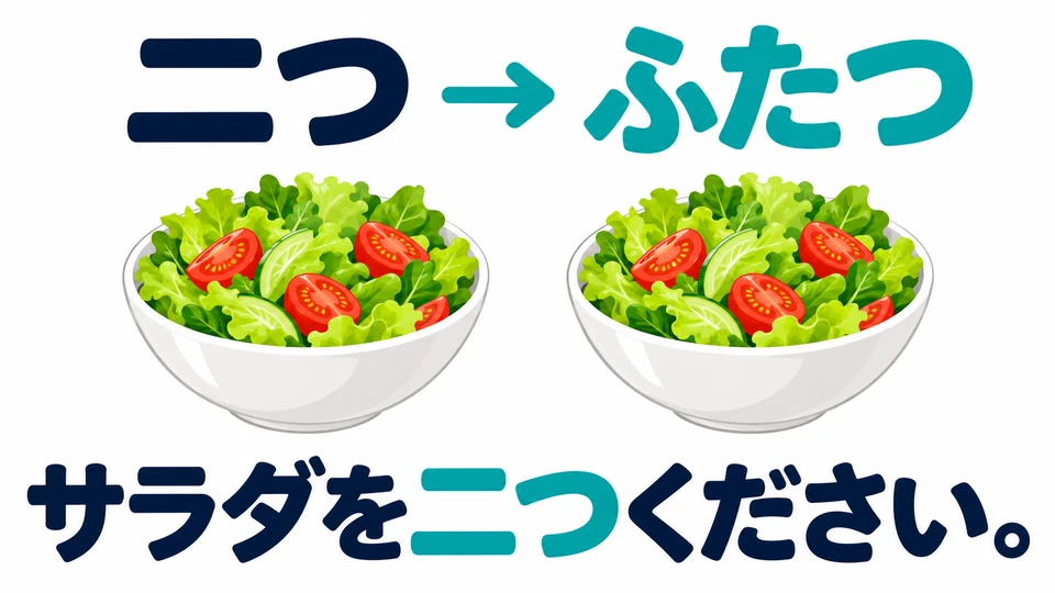 「二つ」 se lee 「ふたつ」. Para pedir dos ensaladas, di 「サラダを二つください」.
