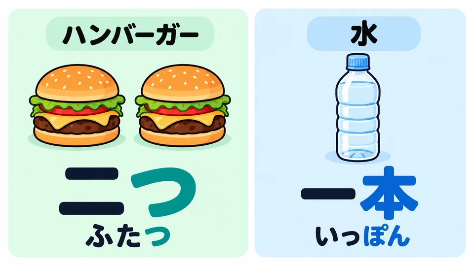 Usa el contador adecuado para cada objeto. En el diálogo original, las hamburguesas llevan 「二つ」 y el agua embotellada, 「一本（いっぽん）」.