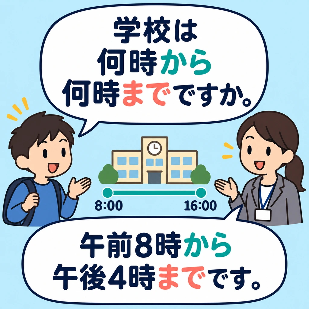 To ask about the whole time interval, replace both times with 「何時」, as in the question about school hours in the picture.