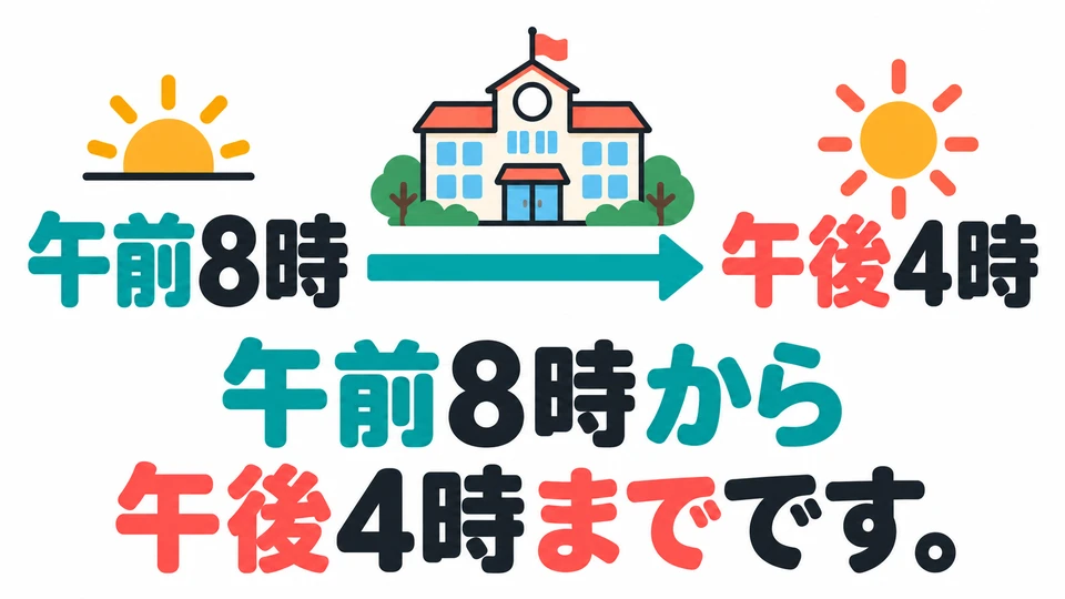 Distinguish morning from afternoon. The picture shows a start at 「午前8時」 (8 a.m.) and an end at 「午後4時」 (4 p.m.).