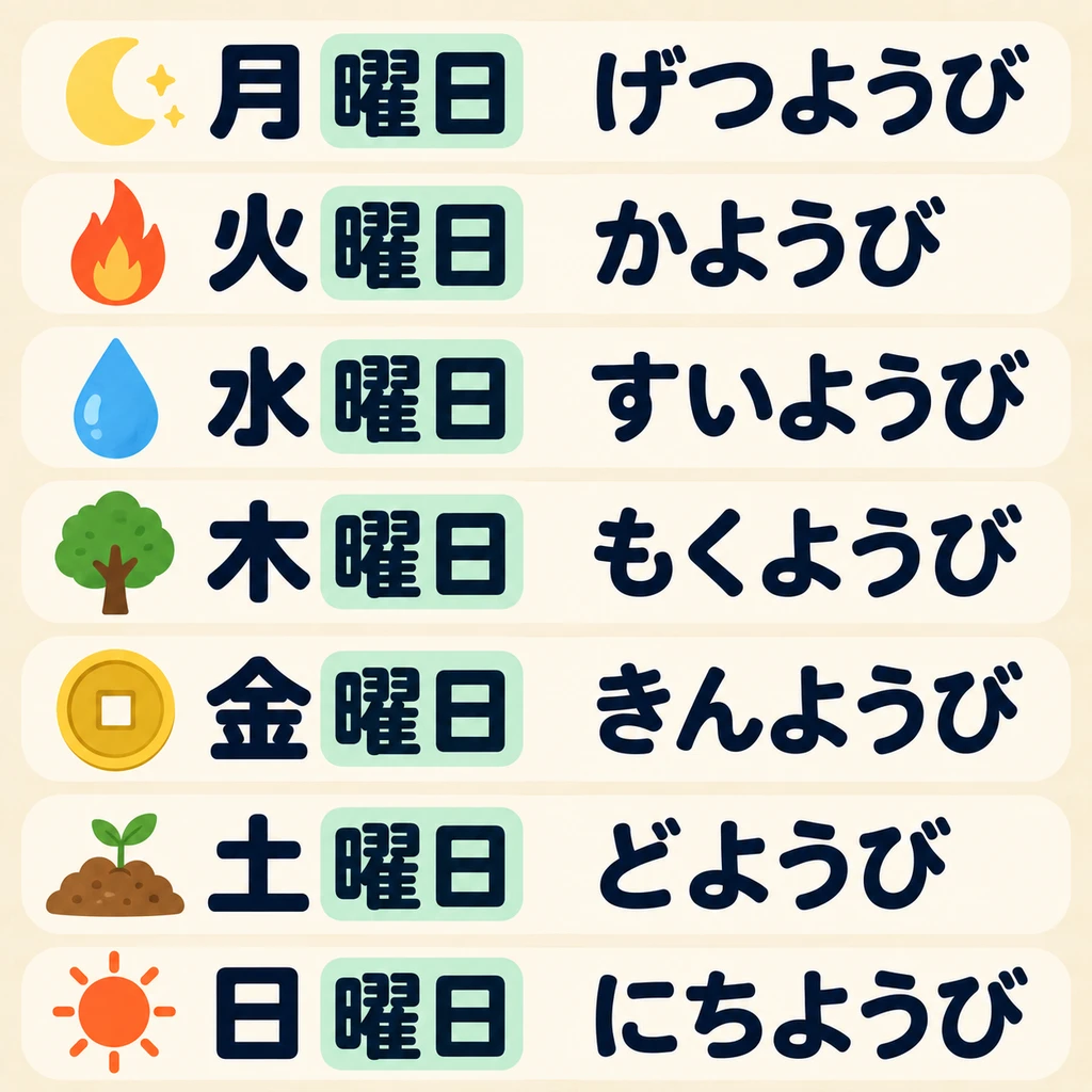 A week has seven days, and their Japanese names all end in 「曜日」. Read them aloud from the picture and find today’s day.