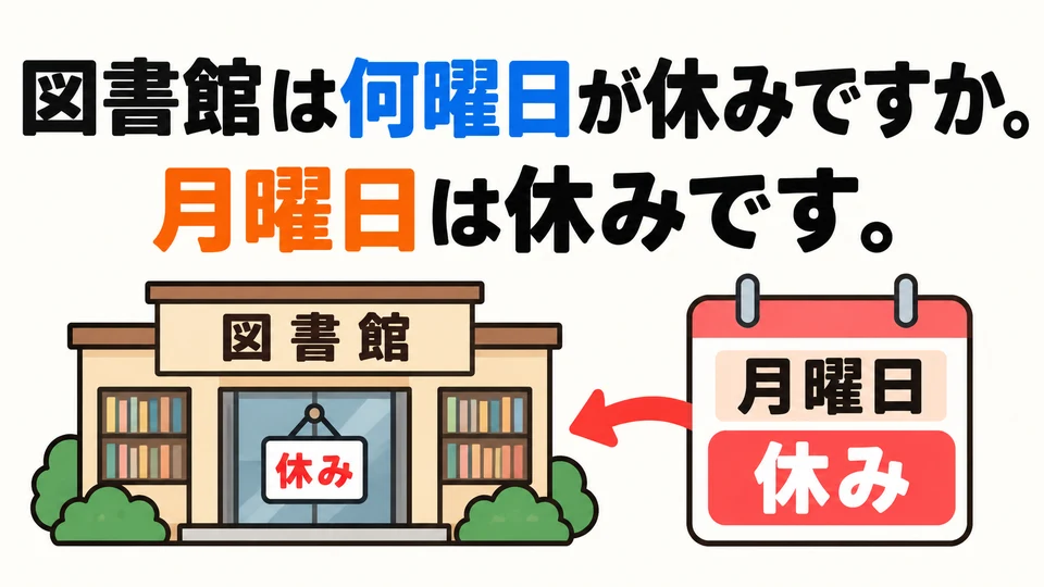 To ask which day the library is closed, say 「図書館は何曜日が休みですか」. Answer 「月曜日は休みです」.