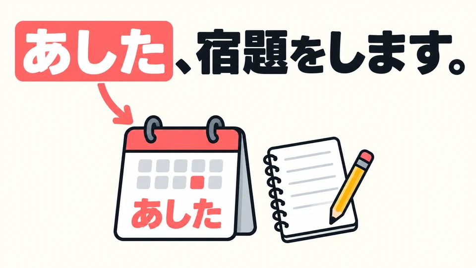 「あした」 bedeutet „morgen“. Dieses Zeitwort zeigt, dass die Handlung morgen stattfindet.