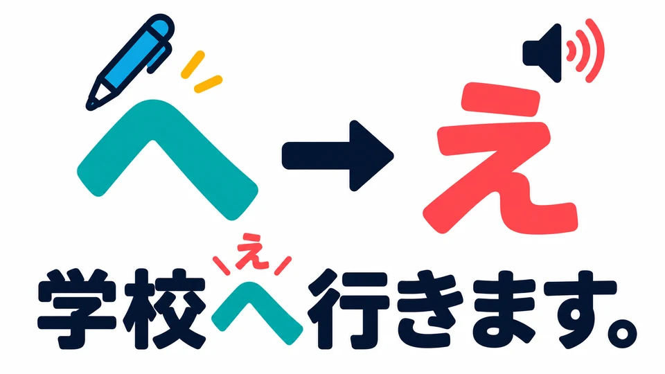 Partikel 「へ」 ditulis 「へ」, tetapi dibaca 「え」. Perhatikan bunyi ini saat membaca kalimat contoh.