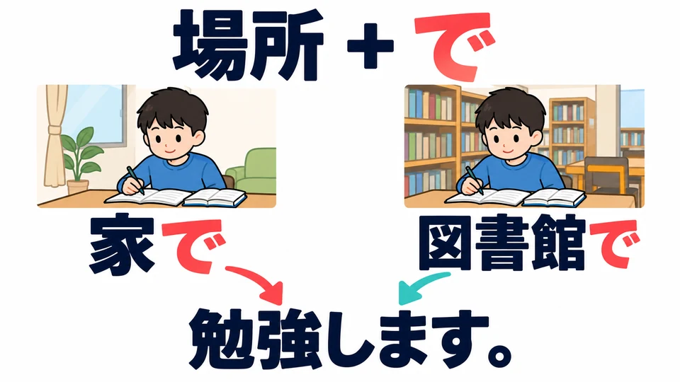 Para decir dónde ocurre una acción, indica el lugar con 「で」. En las imágenes, se estudia en casa y en la biblioteca.