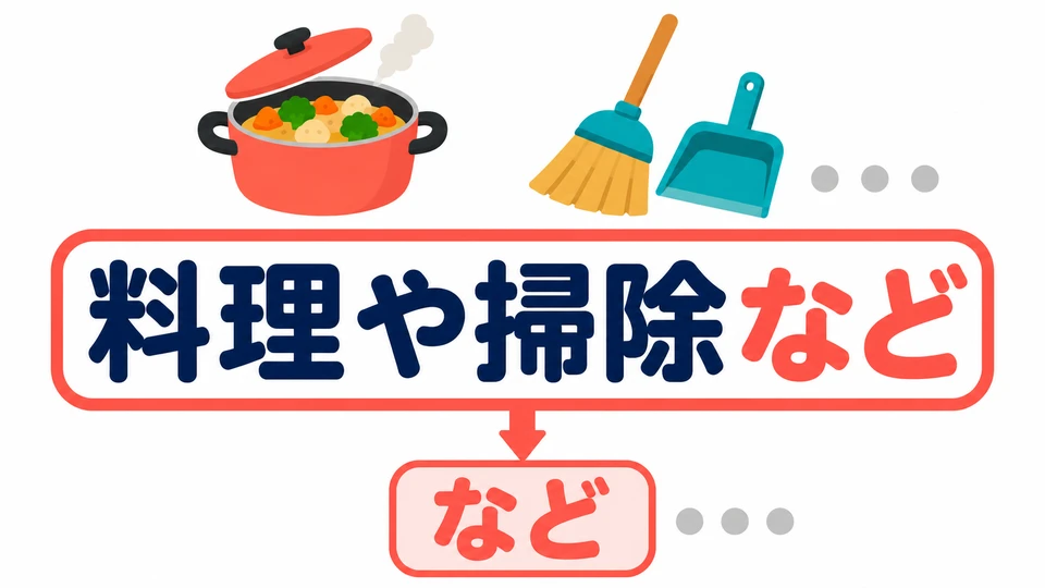 「など」 diletakkan setelah kata benda terakhir dan berarti “dan sebagainya”: 料理や掃除など.