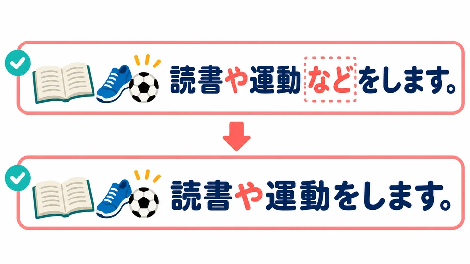 「など」 boleh dihilangkan. 読書や運動をします tetap menyebutkan contoh kegiatan.