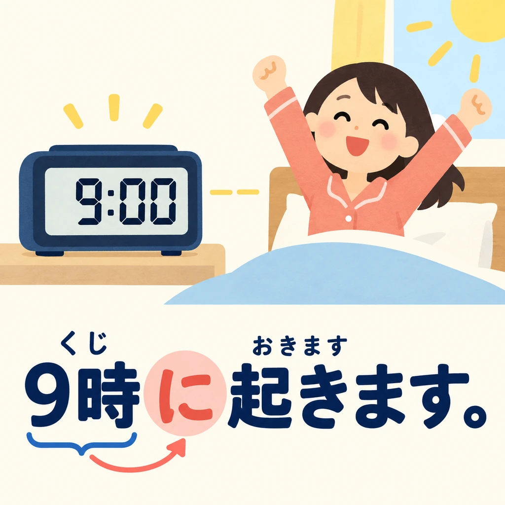 Look at the picture: getting up at nine. 「9時に」 tells us what time the action of getting up happens.