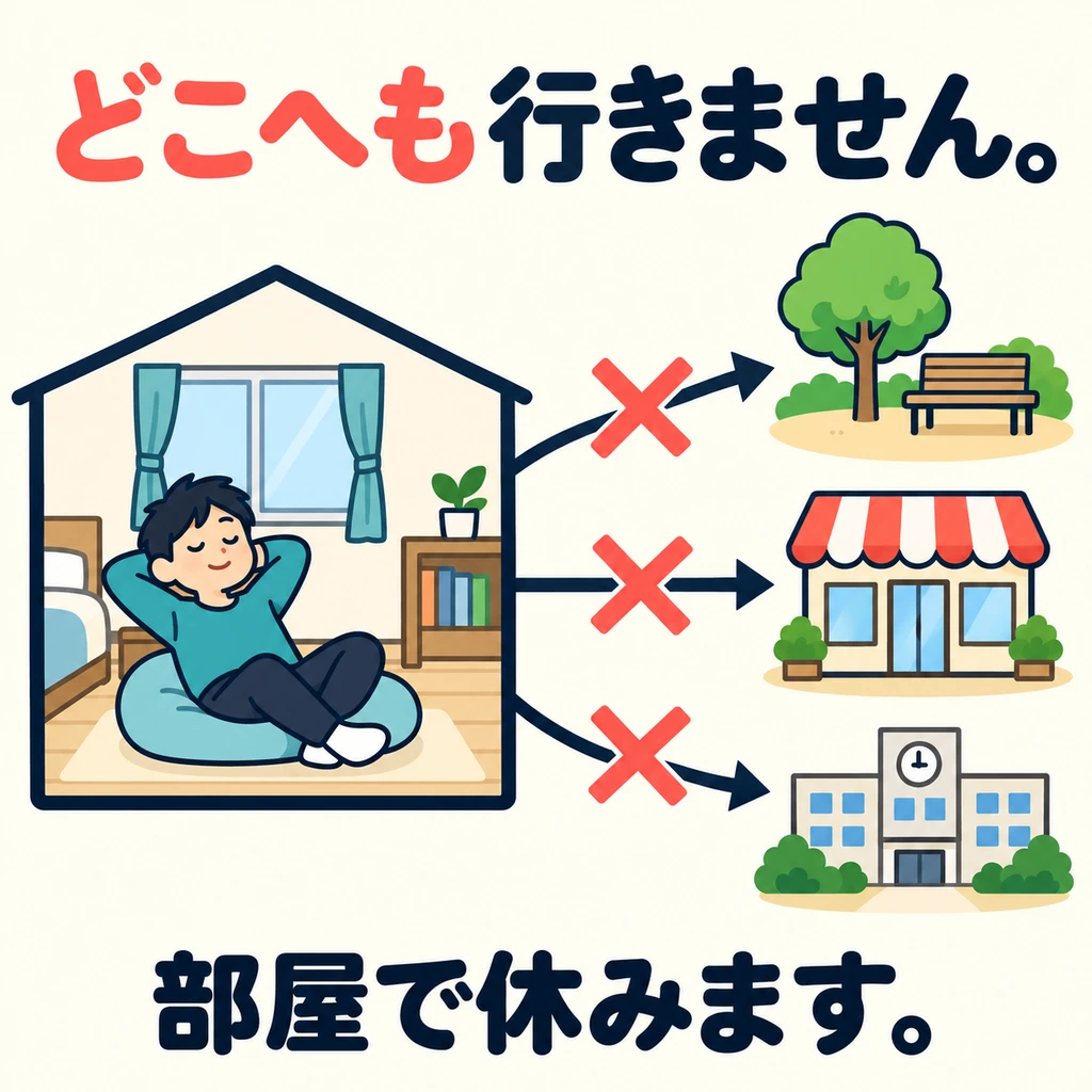 ไม่ไปทั้งสวน ร้านค้า และโรงเรียน 「どこへも行きません」 หมายถึงไม่ไปไหนเลย