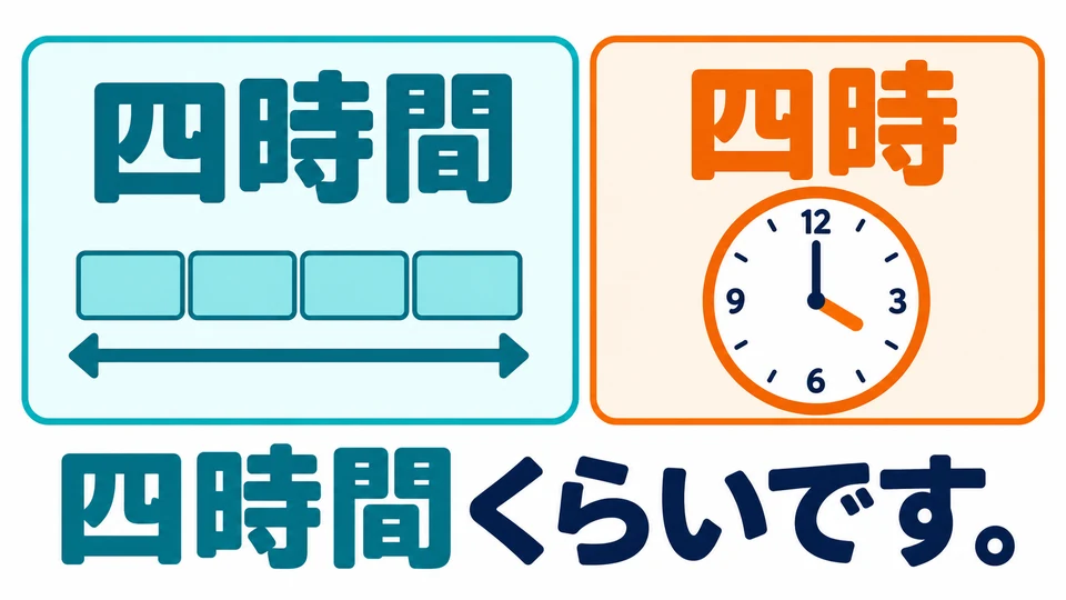 四時間 means a duration of four hours; 四時 means four o’clock. Answer a question about travel time with a duration.