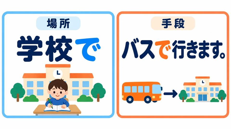 Notice: 「学校で」 indicates where an action happens; 「バスで行きます」 indicates the means of travel.
