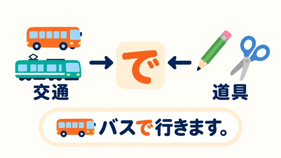 「で」 can also indicate a tool you use. The key idea is what you use to do something. In this lesson, we focus on transport.
