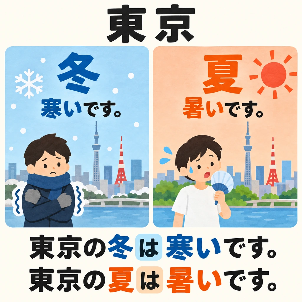 ที่โตเกียวเหมือนกัน แต่ฤดูหนาวหนาว ฤดูร้อนร้อน เมื่อแนะนำภูมิอากาศของสถานที่หนึ่ง สามารถบอกลักษณะตามฤดูกาลได้