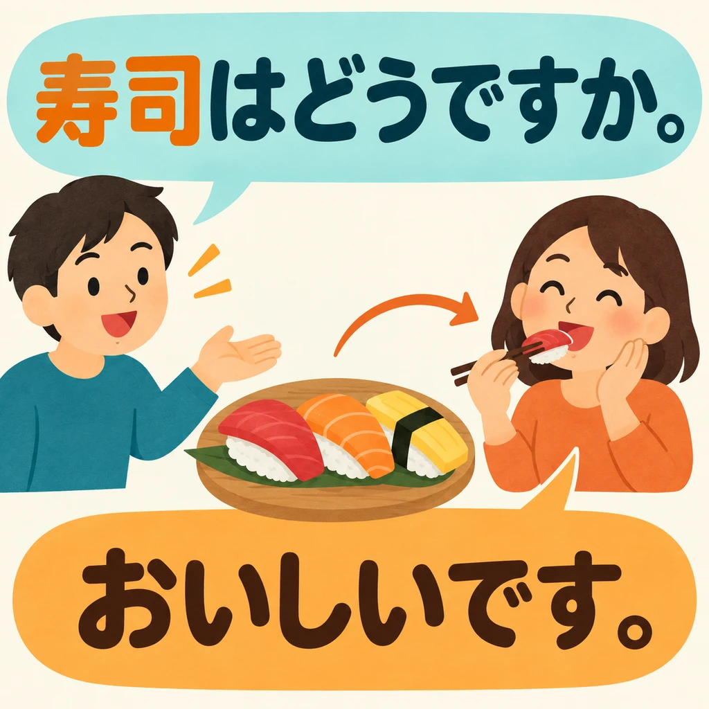 对方正在吃寿司,想听听她的感受。看图,她用什么词评价寿司?