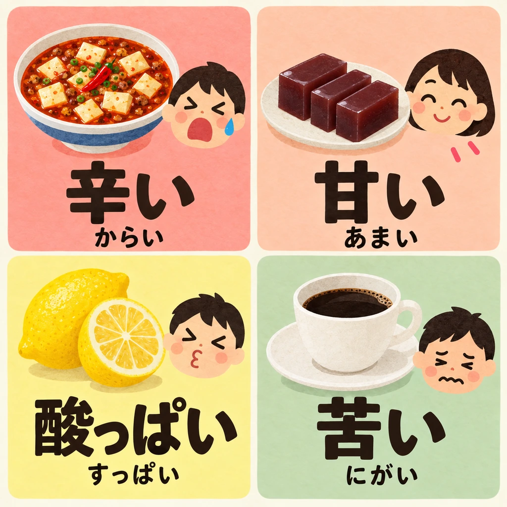 Schau dir die Speisen und Gesichter an: Wie sagt man scharf, süß, sauer und bitter auf Japanisch?