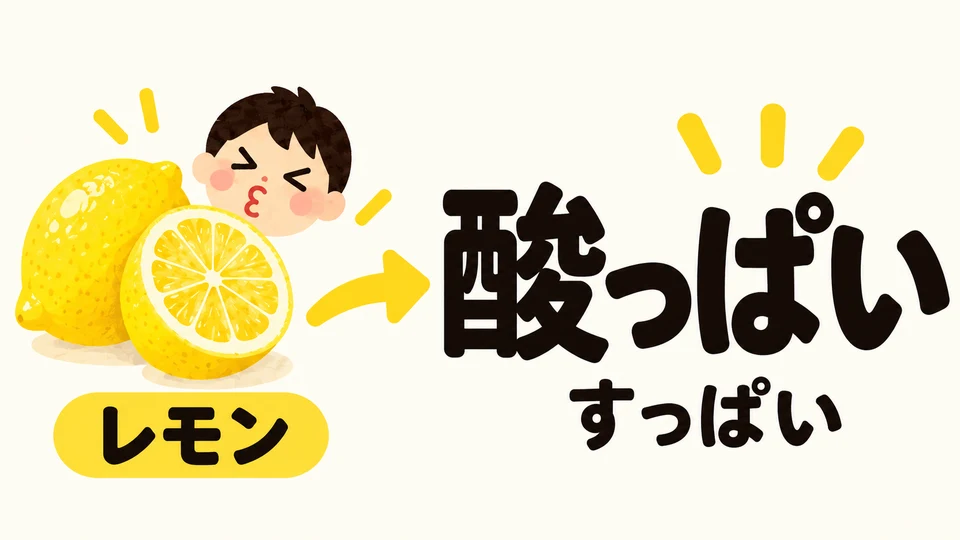 Zitrone schmeckt im Mund sauer. Das beschreibt man mit 「酸っぱい(すっぱい)」.