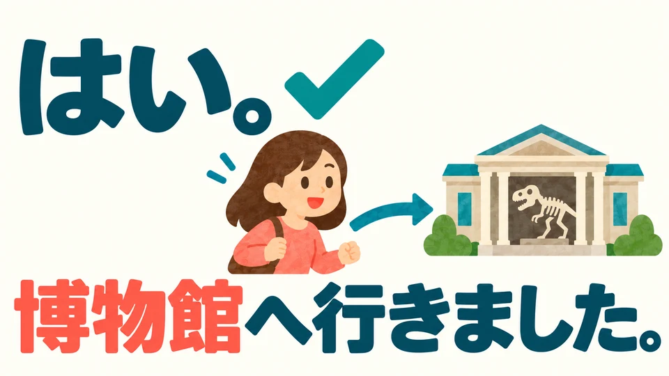If you did go somewhere, answer 「はい」, then say 「博物館へ行きました」 to name the place.