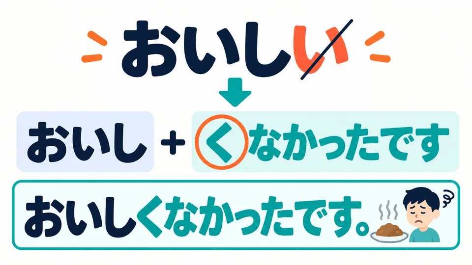 Verneinte Vergangenheitsform: Entferne 「い」 und hänge 「くなかったです」 an. Auch 「く」 darfst du nicht weglassen.