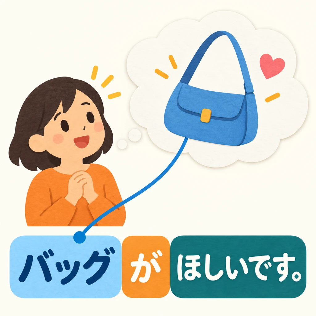 เธอกำลังนึกถึงกระเป๋าที่อยากได้ ใช้ 「ほしいです」 เมื่อบอกสิ่งที่ตัวเองอยากมี