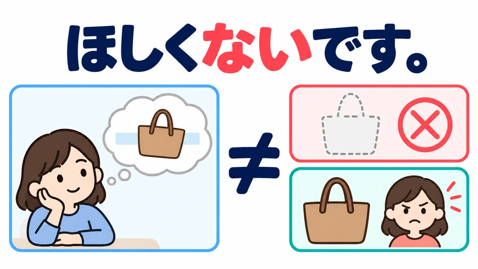 「ほしくないです」 หมายถึงไม่อยากได้ ไม่ได้หมายความว่าไม่มีสิ่งนั้นหรือไม่ชอบสิ่งนั้น