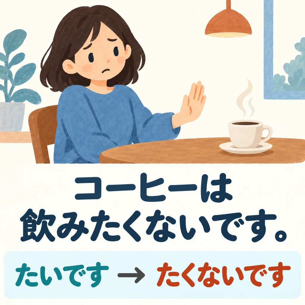 Sie möchte gerade keinen Kaffee trinken. Mit 「たくないです」 sagst du, dass du etwas nicht tun möchtest.