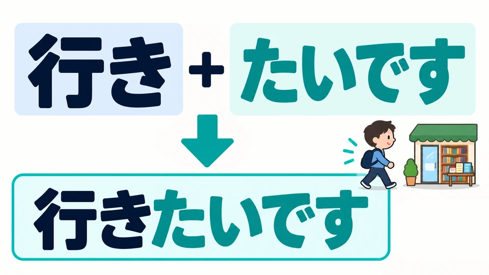 Füge dann 「たいです」 hinzu: 行き→行きたいです. Lass 「ます」 weg.