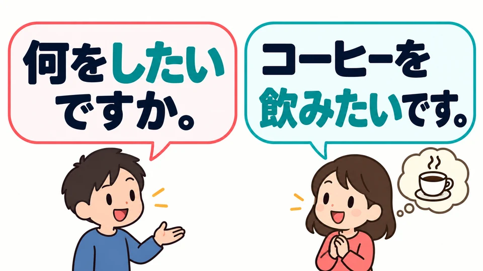 Mit 「何をしたいですか」 fragst du dein Gegenüber, was es tun möchte. Antworte einfach mit deinem eigenen Wunsch.