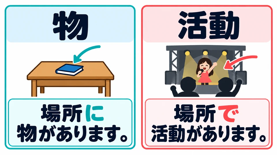 Use 「に」 for where an object is, and 「で」 for where an event takes place. First decide: an object or an event?