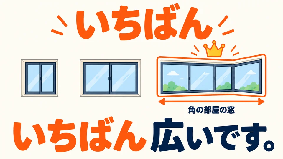 「いちばん」 significa “el más…” dentro del grupo comparado. En la imagen, la ventana de la habitación de la esquina es la más ancha.
