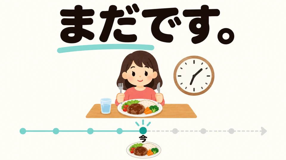 Si aún no has comido, responde 「まだです」: significa que la acción todavía no se ha completado.
