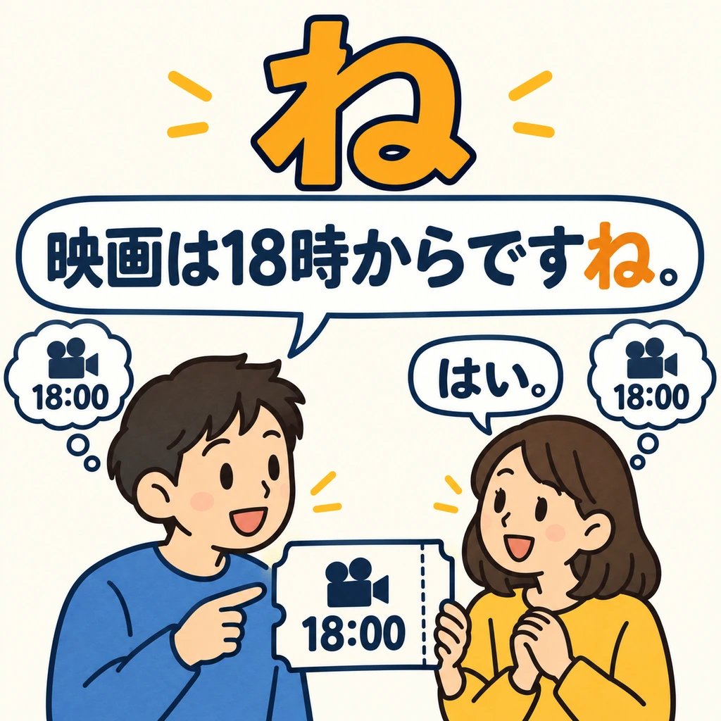Ya has oído a qué hora empieza la película y quieres comprobar que lo recuerdas bien. Usa 「ね」 para pedir confirmación.