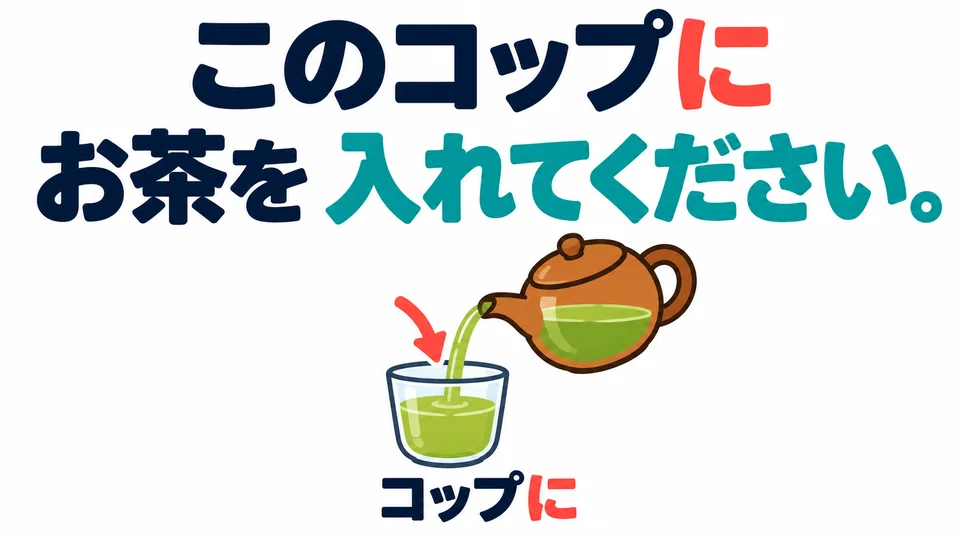 Um jemanden zu bitten, Tee einzugießen, sagst du 「入れてください」. Die Tasse ist das Ziel des Eingießens.